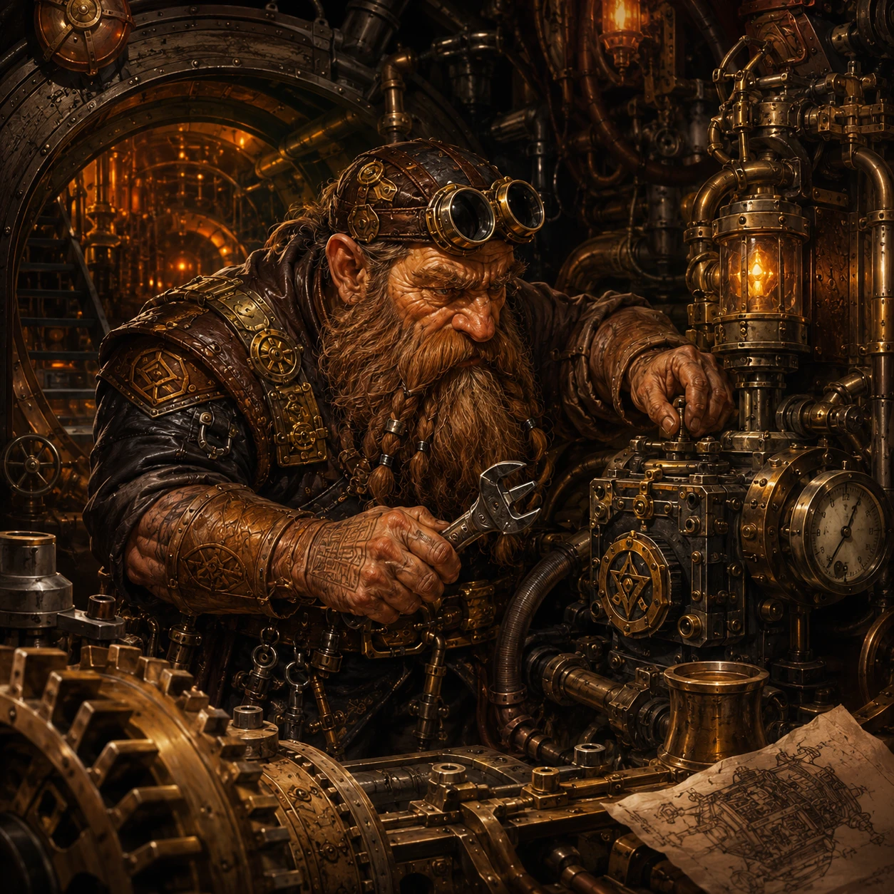 Engenheiro anão de navio trabalhando em uma complexa casa de máquinas steampunk