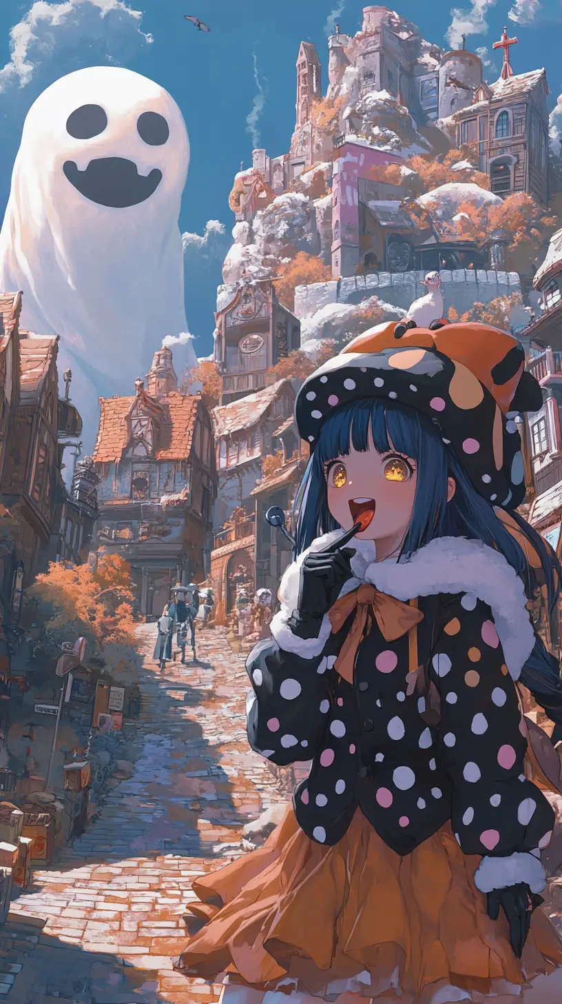 Fille d’anime léchant un couteau dans un pays des bonbons féerique