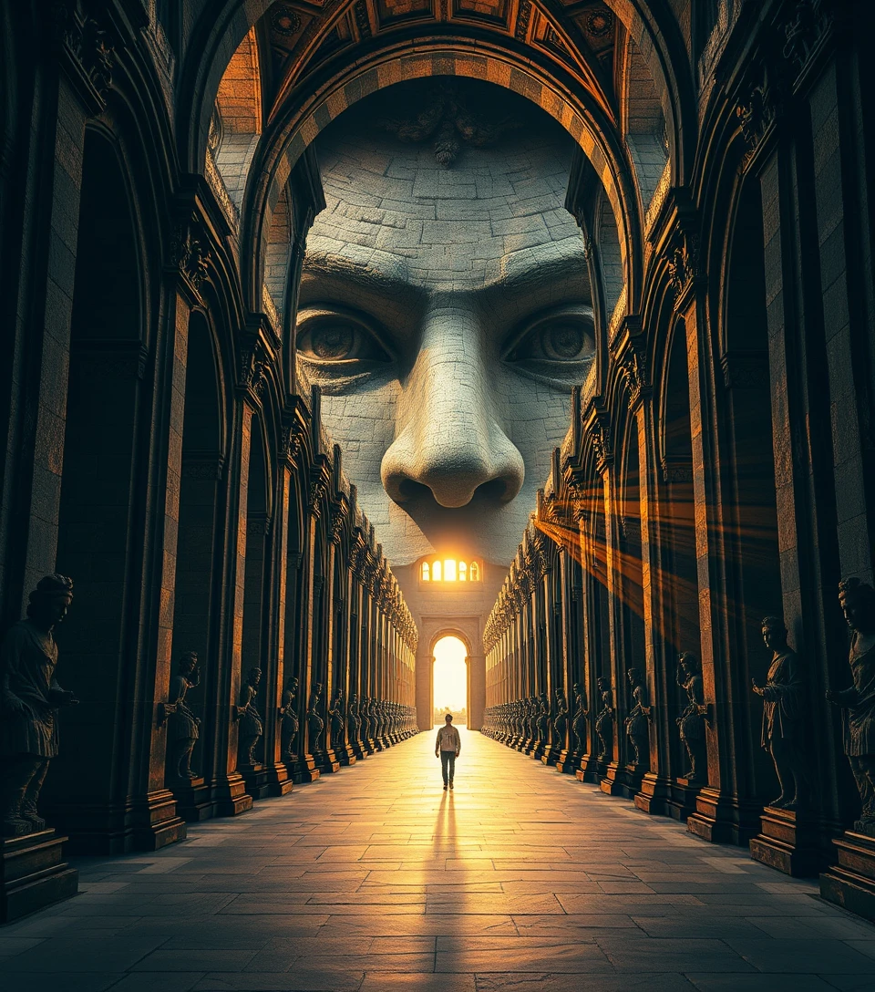 Corredor de catedral surreal formando um colossal rosto de pedra