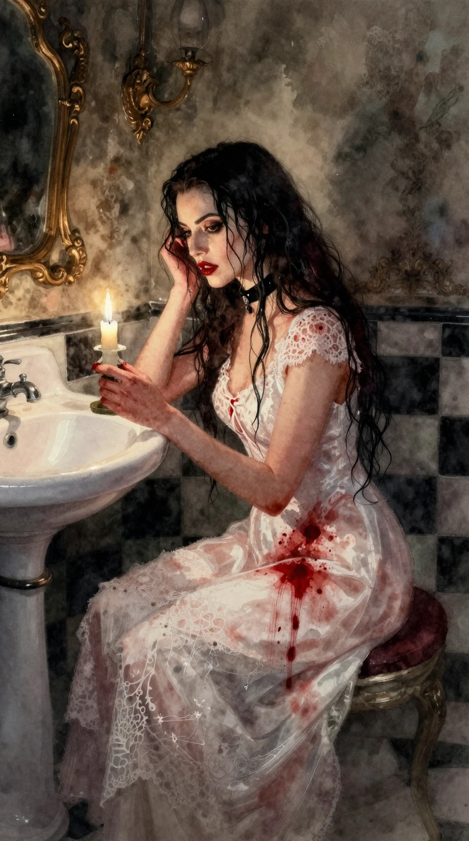 Vampire en robe blanche en dentelle tachée de sang à la lumière des bougies