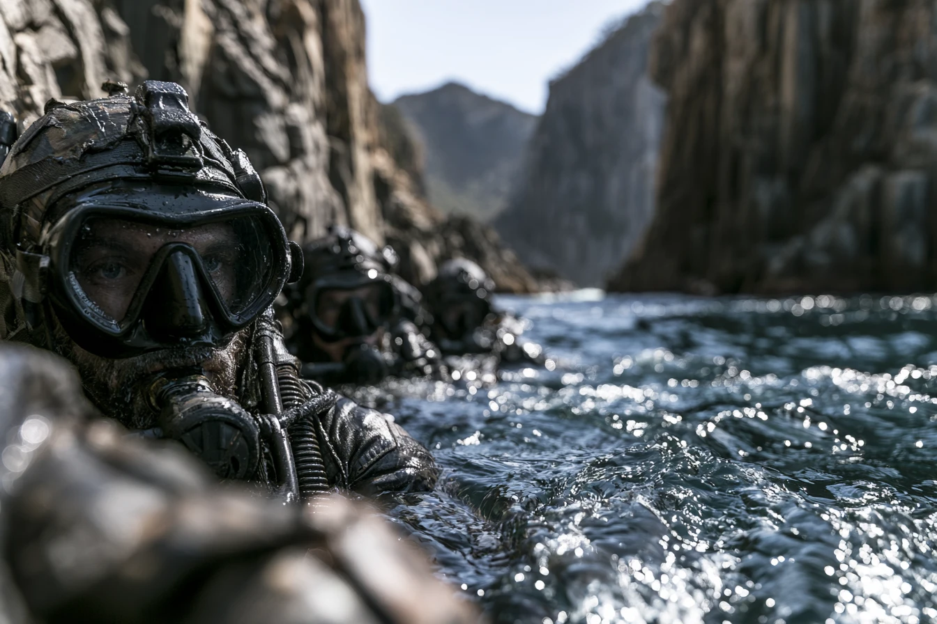 Militärtaucher trainieren in der rauen Tasmansee nahe steiler Klippen