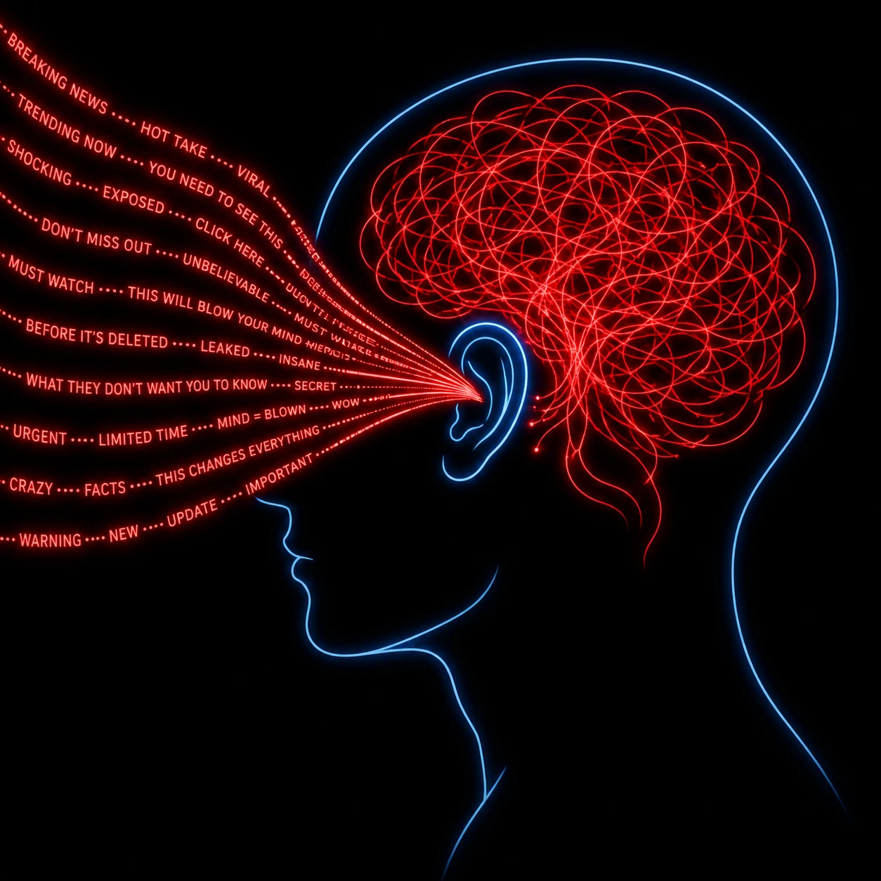 Cabeça em perfil minimalista com texto em neon entrando no ouvido