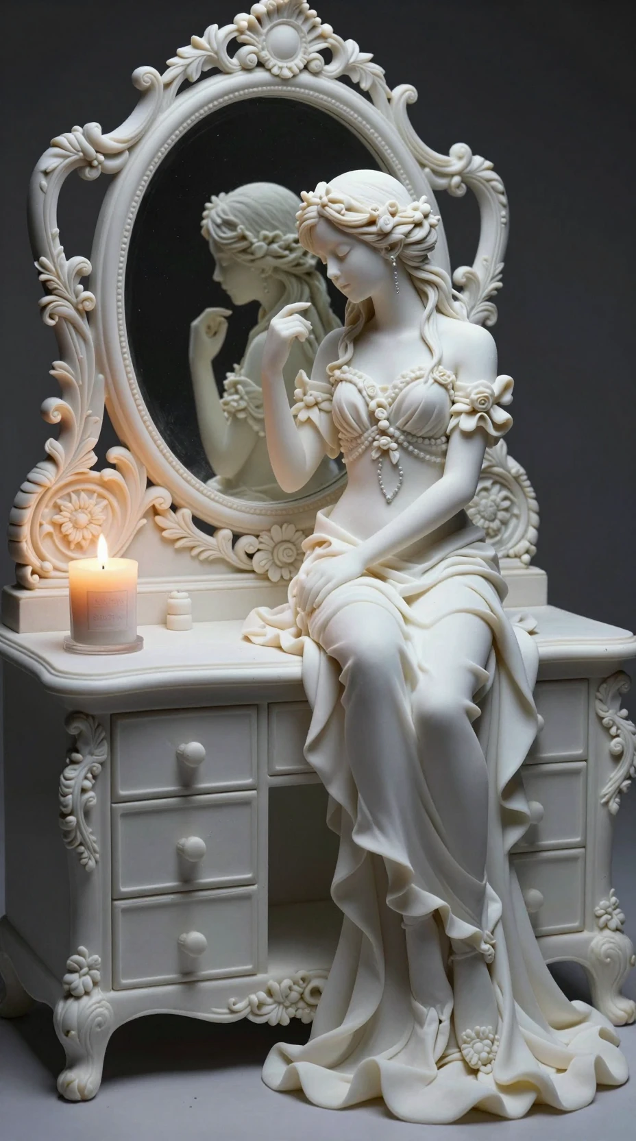 Escultura de porcelana em penteadeira com vela acesa