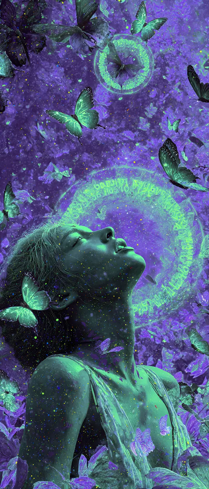 Joyful anime girl releasing glowing fantasy butterflies