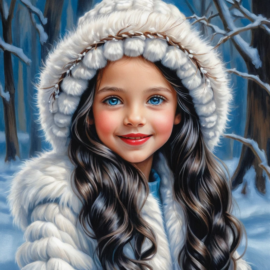 Fillette souriante en manteau et chapeau d’hiver en fourrure blanche