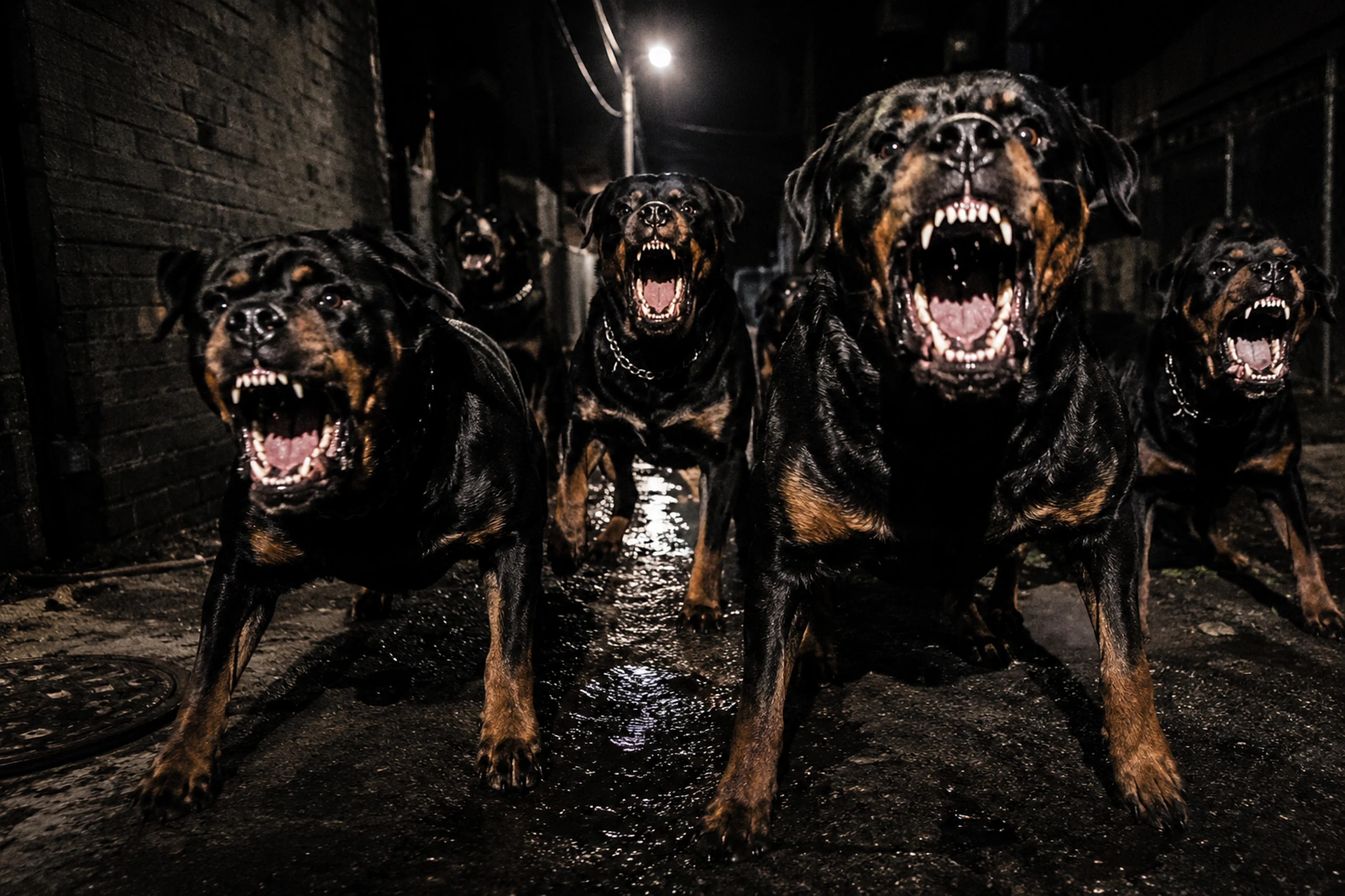Rottweilers agressivos latindo em um beco urbano escuro