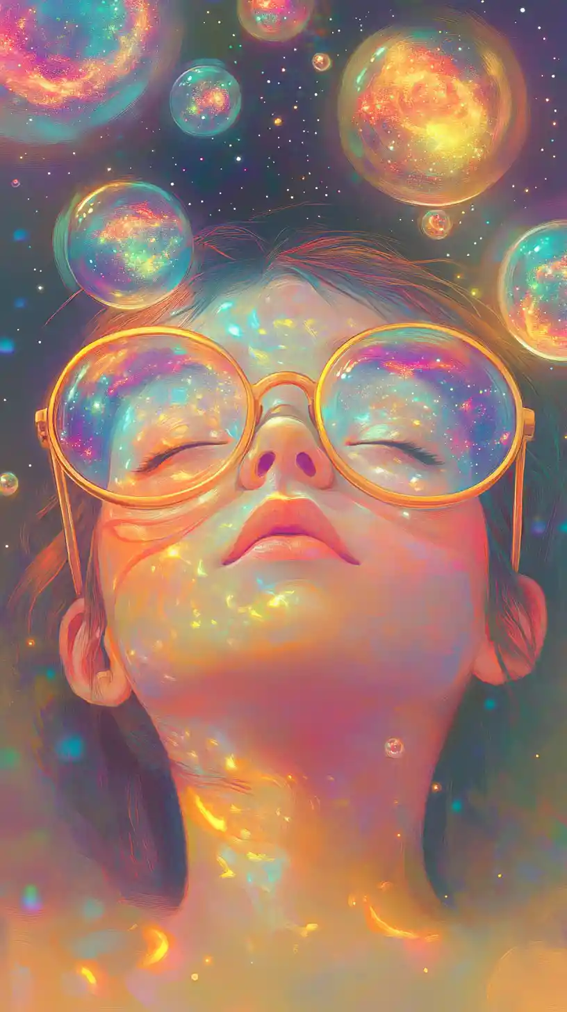 Child floating in dreamy cosmic bubbles illustration