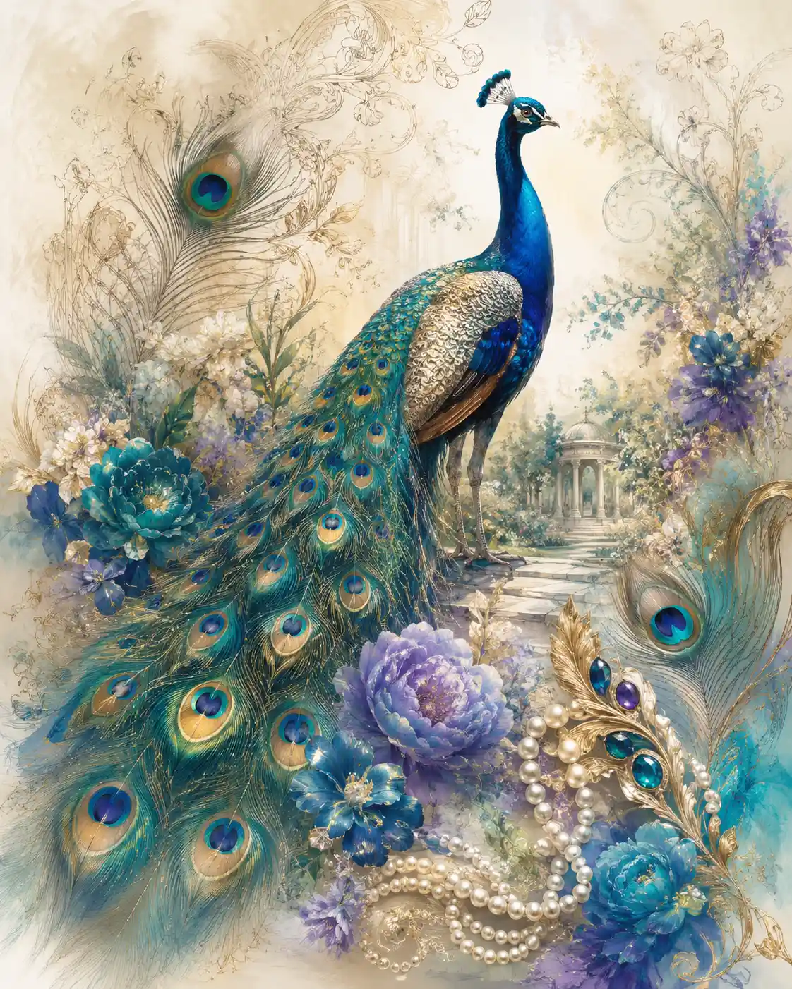 Elegant peacock standing in an art nouveau inspired garden