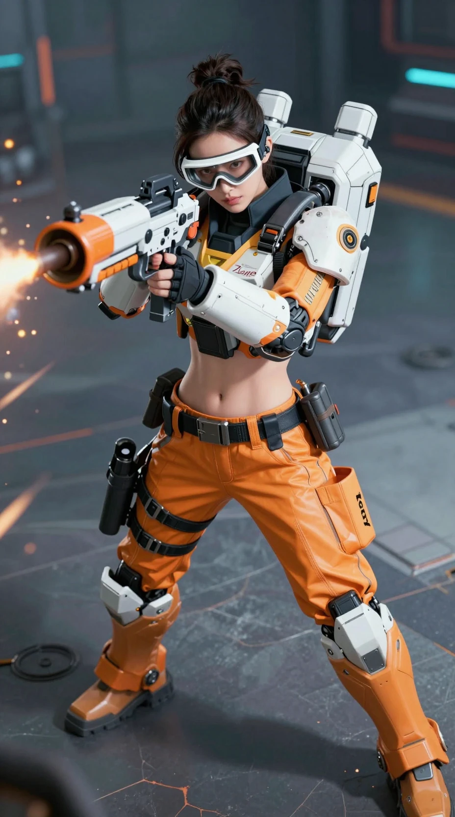Cyberpunk soldier woman aiming futuristic mortar in city