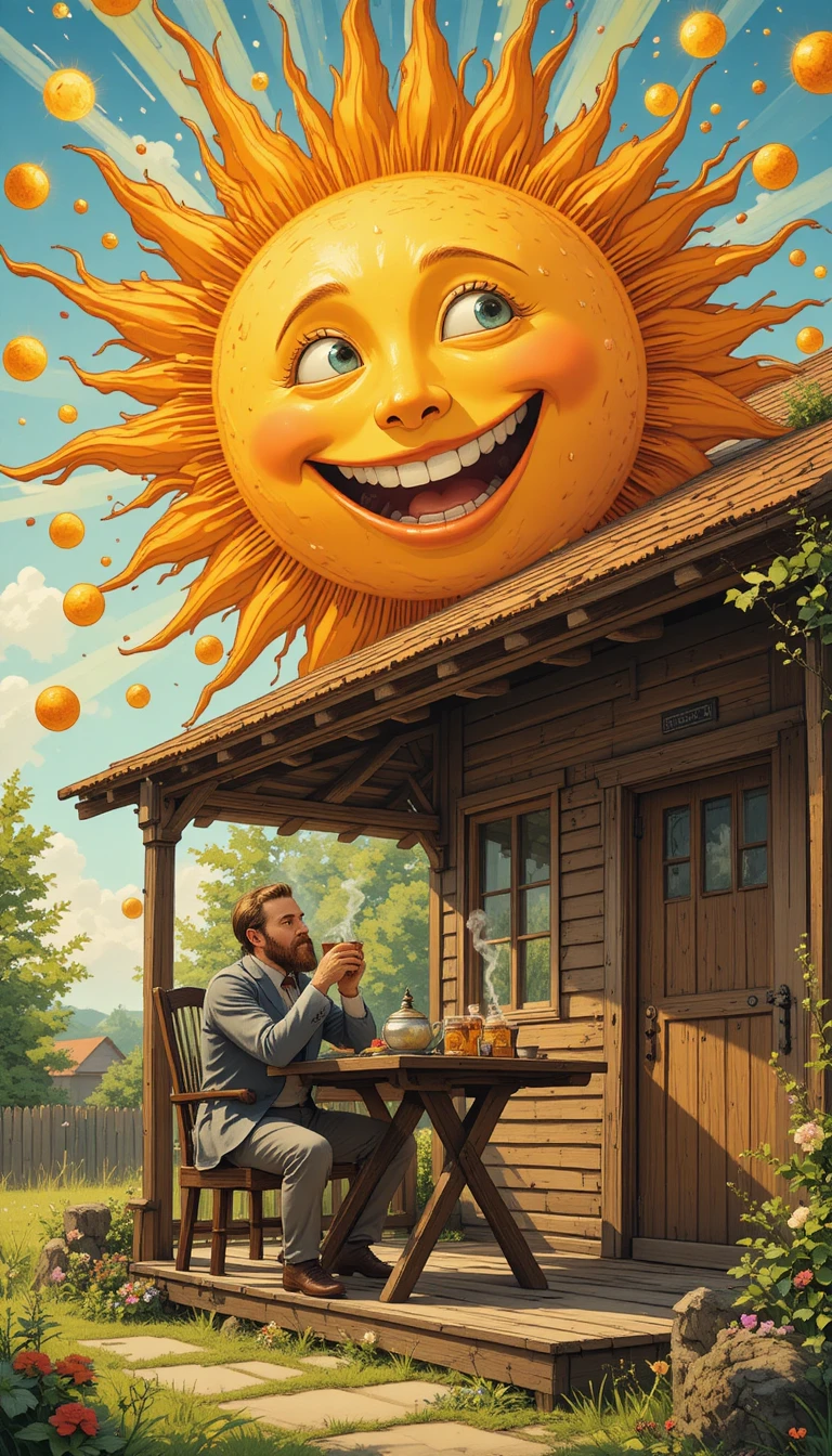 Uomo che beve tè con sole sorridente su veranda rustica di campagna