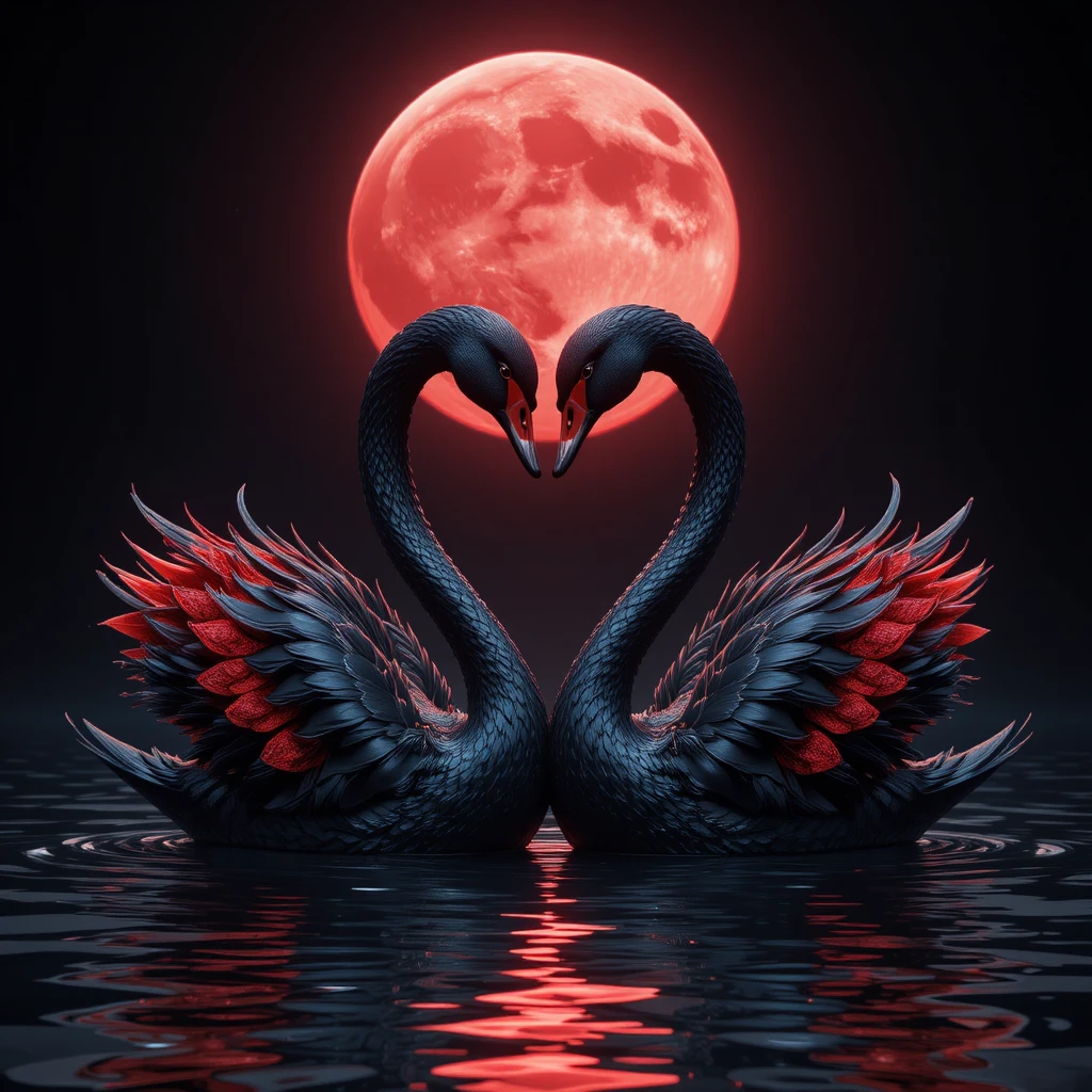 Deux cygnes noirs formant un cœur sur un lac au clair de lune