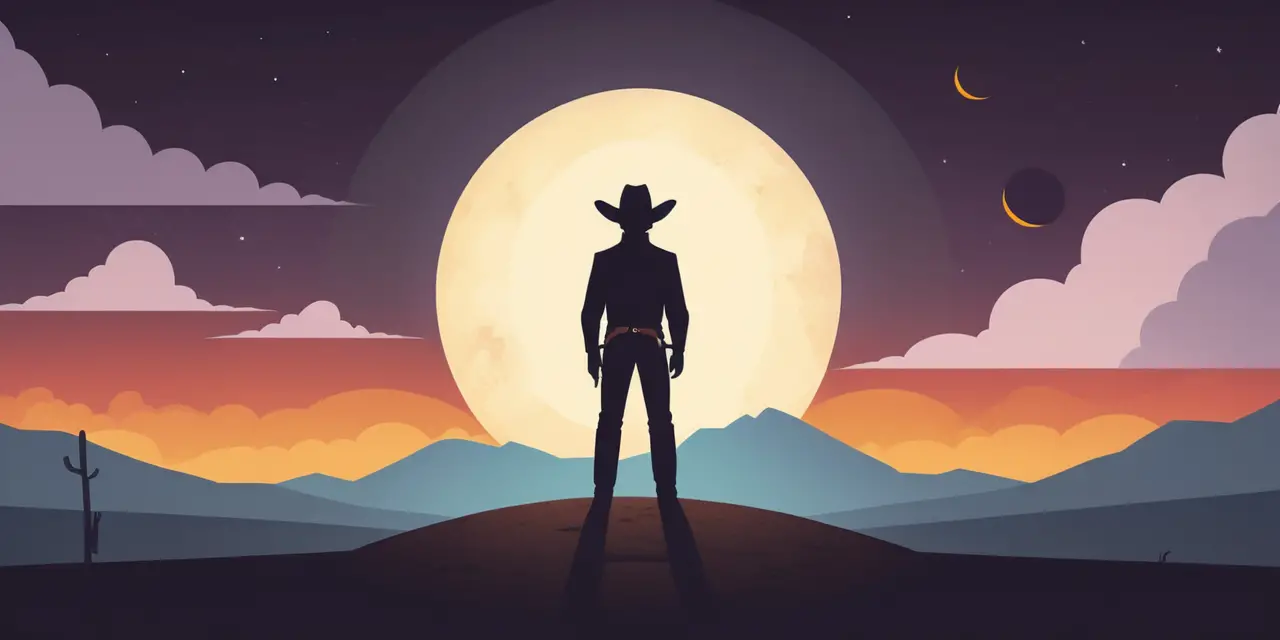Cow-boy minimaliste observant une éclipse solaire dans un ciel stylisé