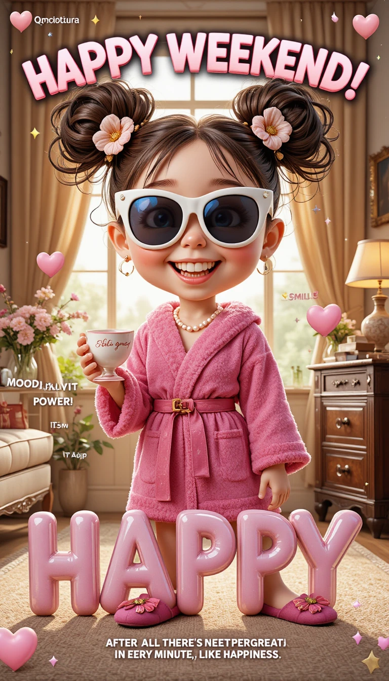 Petite fille joyeuse en peignoir avec de grandes lunettes de soleil ornées de perles