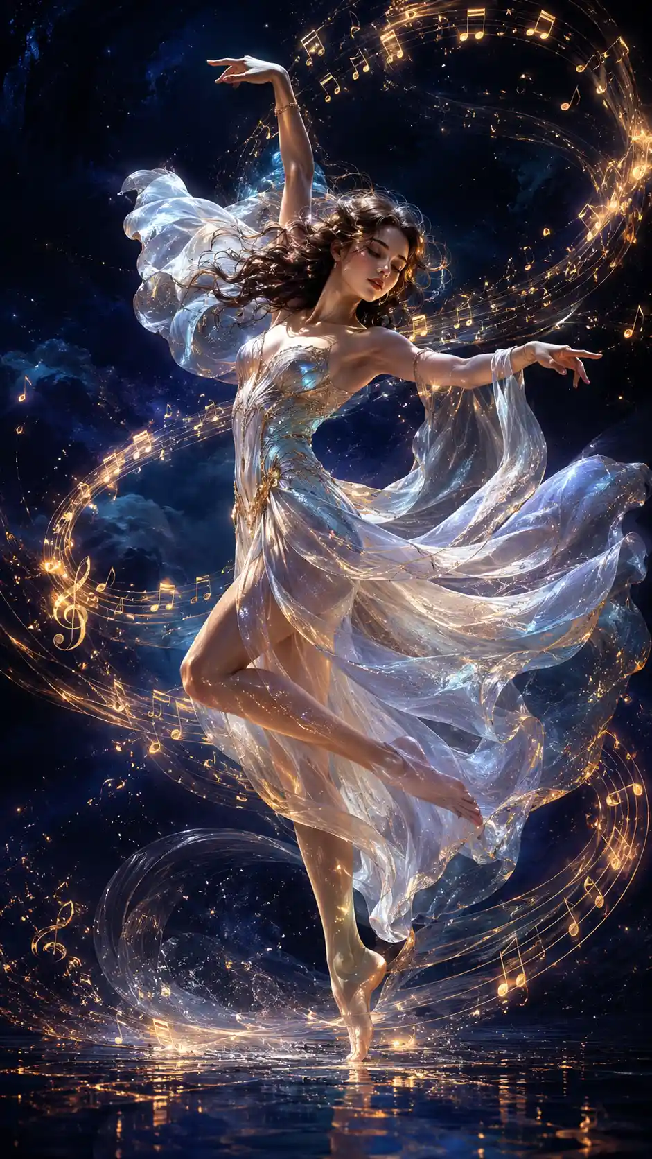 Graceful woman dancing in glowing musical light