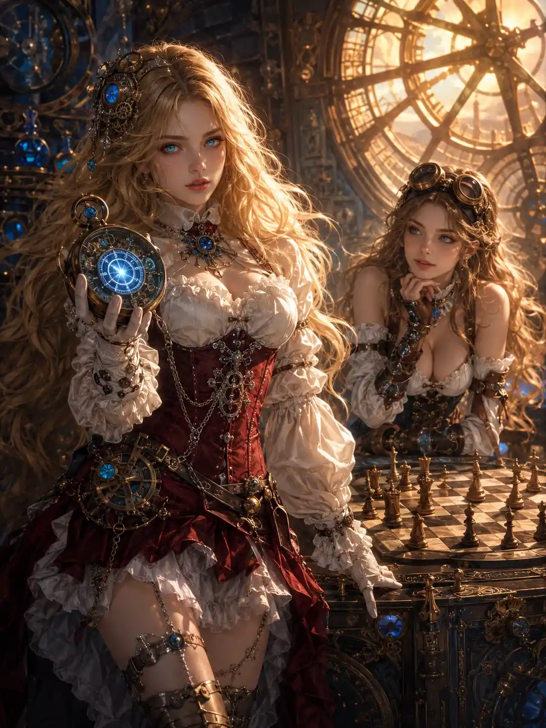 Steampunk woman with glowing hair holding a pocket watch