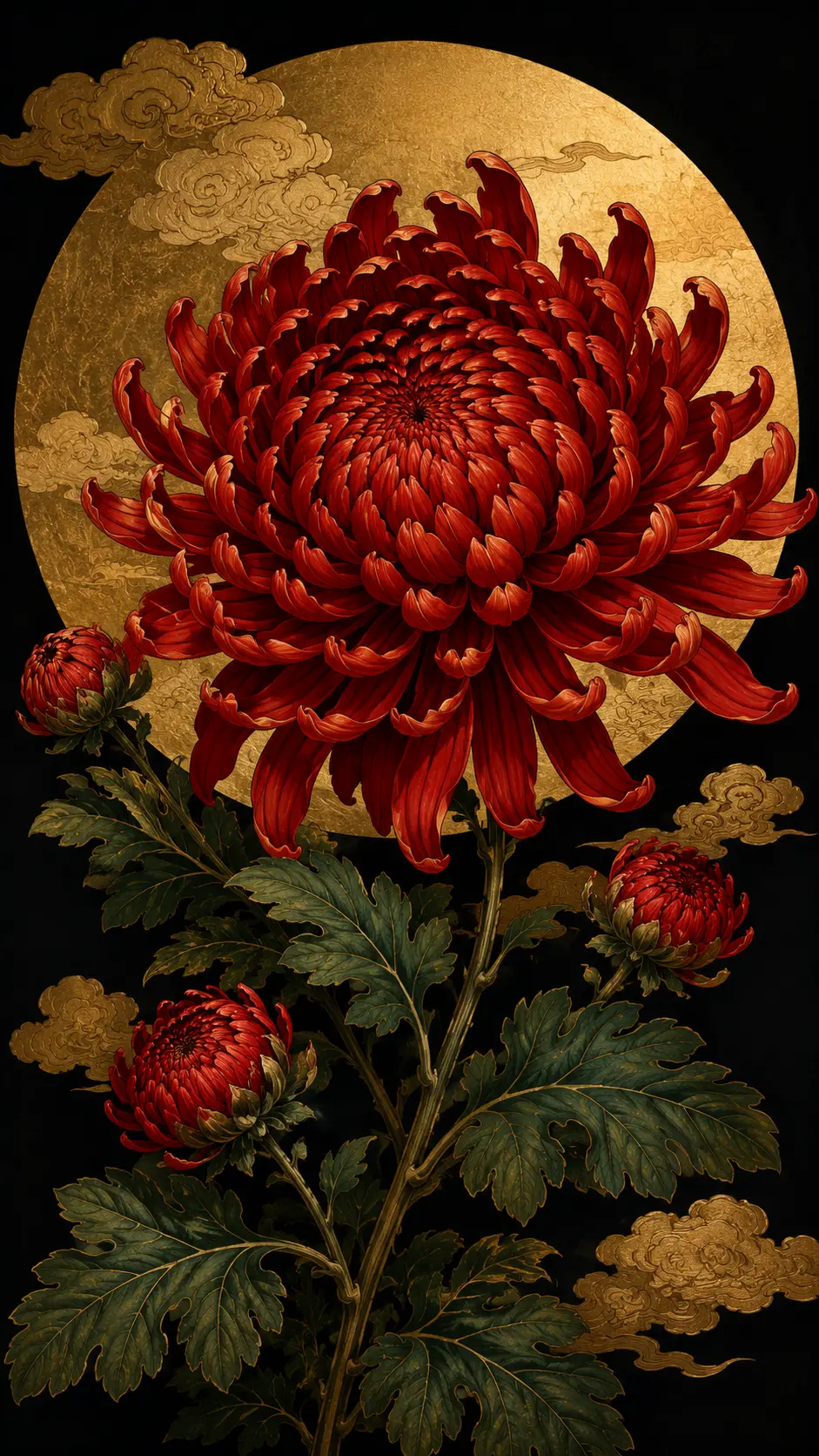 金色圓形背景上的紅色菊花插畫