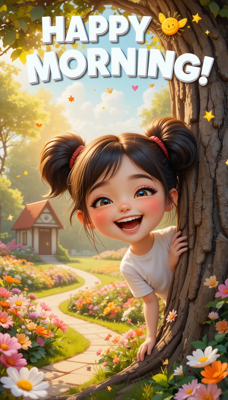 Fillette souriante regardant derrière un arbre au lever du soleil