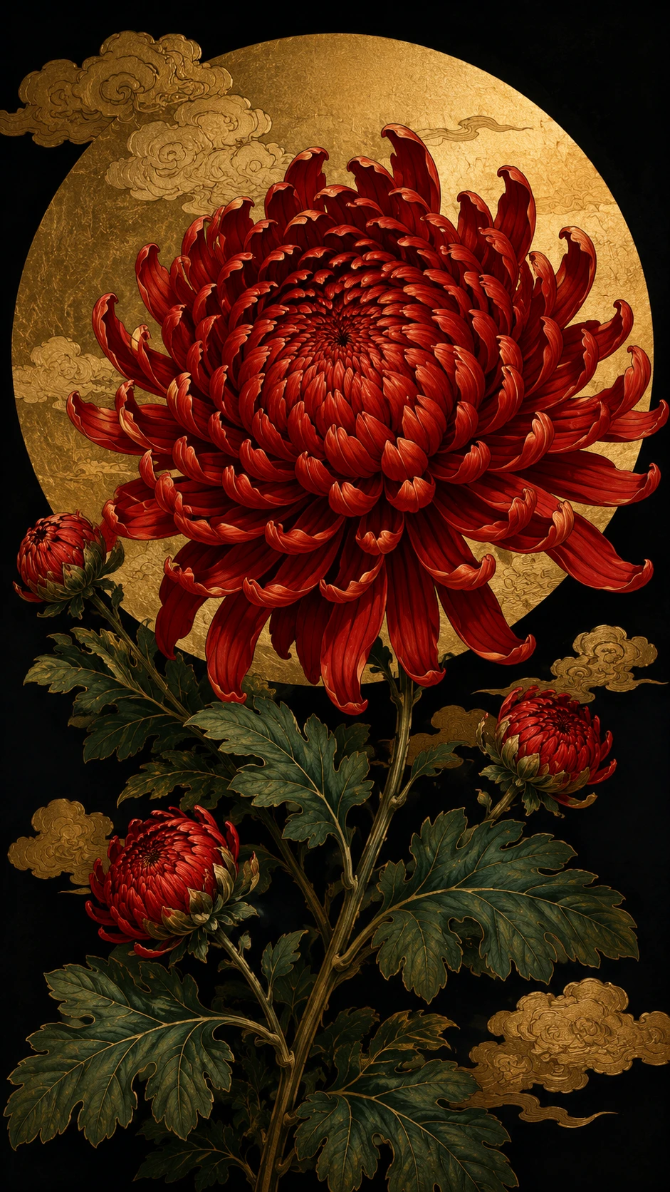 Illustration de chrysanthème rouge sur fond circulaire doré