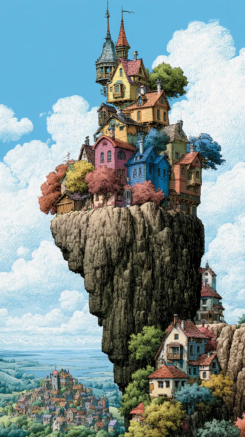 Maison Fantastique et Fantaisiste Perchée sur une Falaise au-dessus de la Vallée