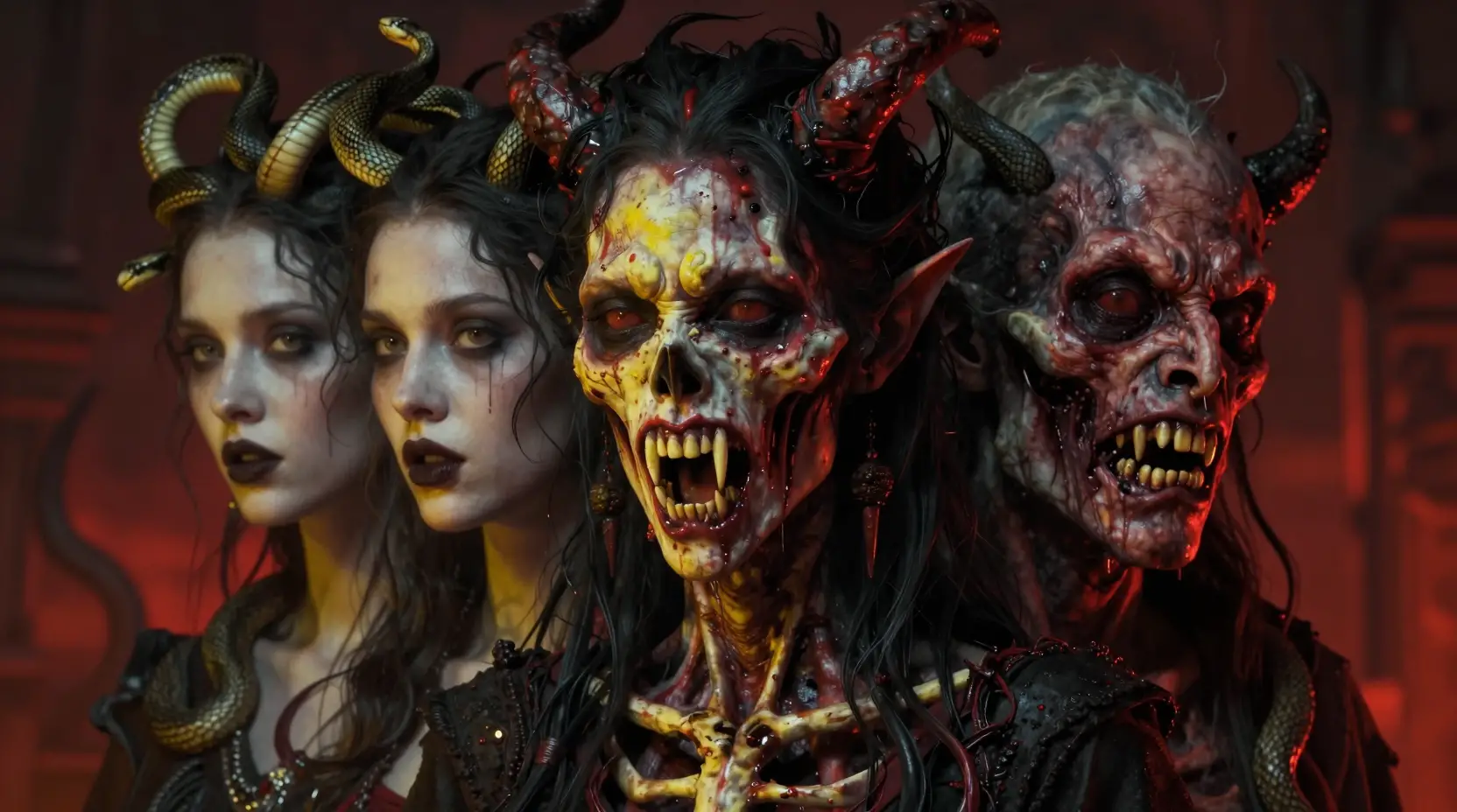 Surreal multi faced female demon in dark cinematic style