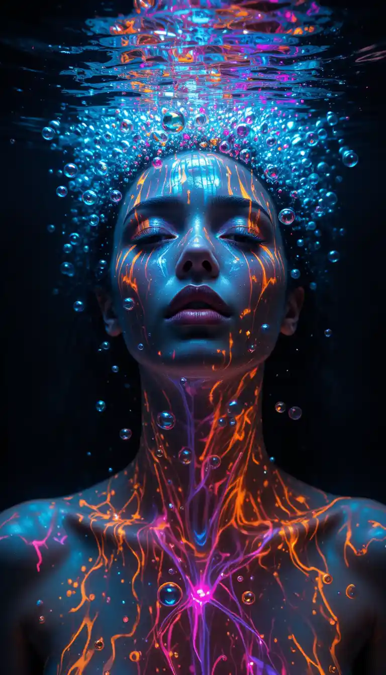 水下霓虹女像與發光氣泡