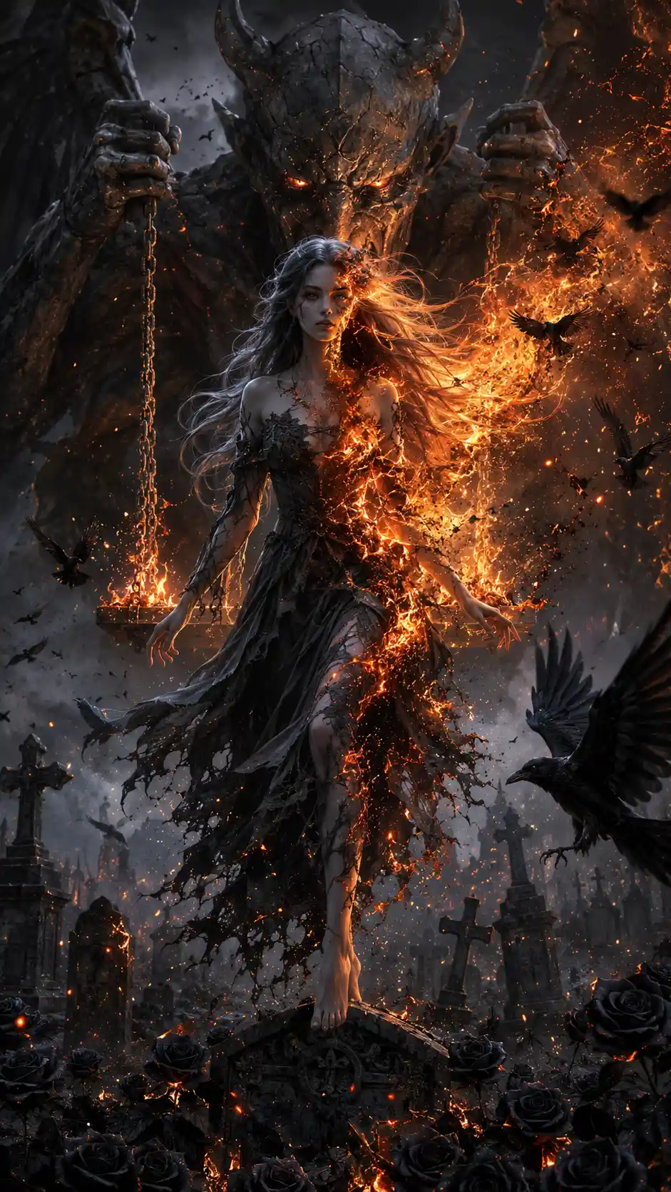 Half ember goddess standing on a crumbling gravestone