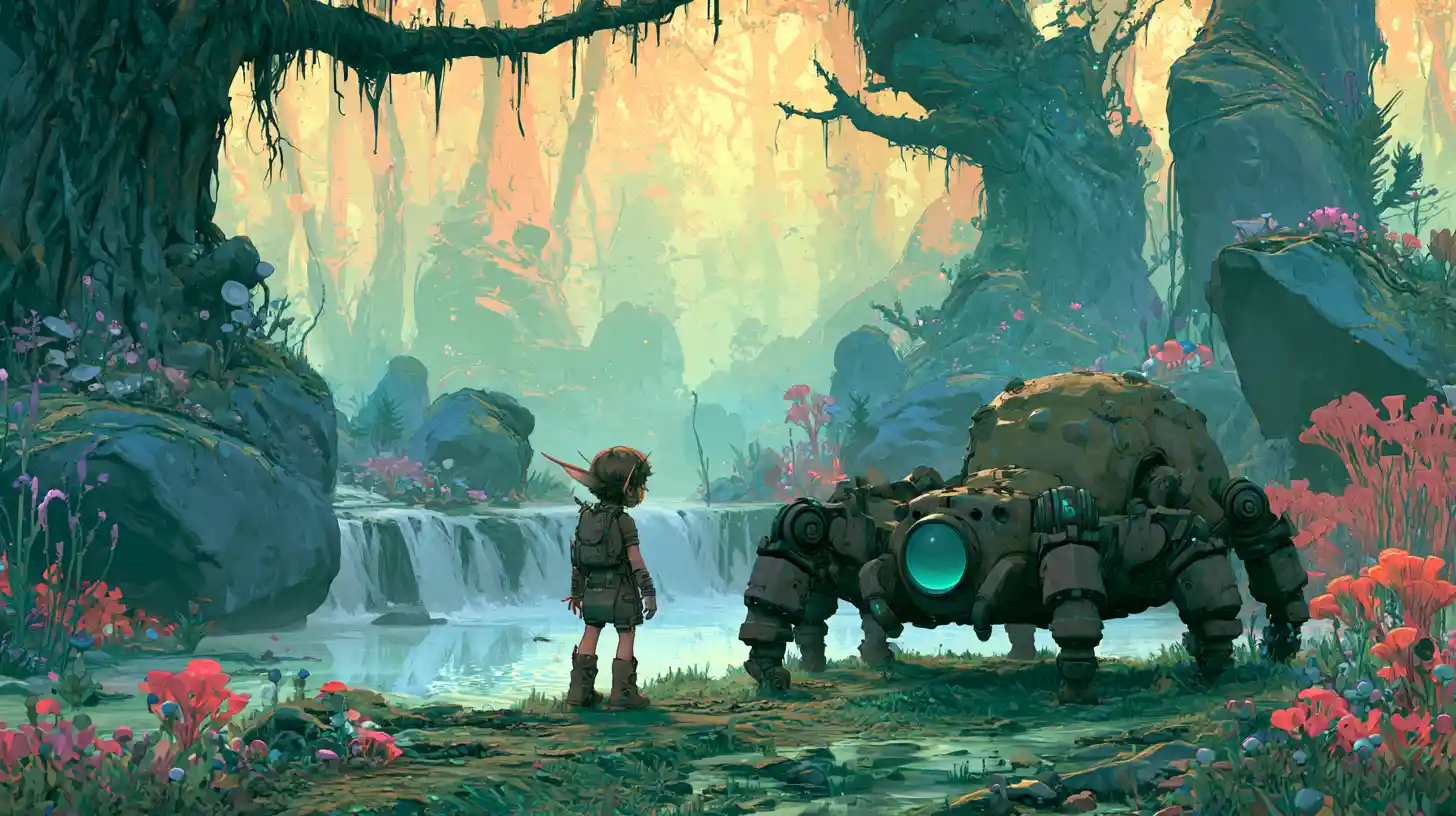 Tiny fairy princess warrior by a spider in enchanted woods