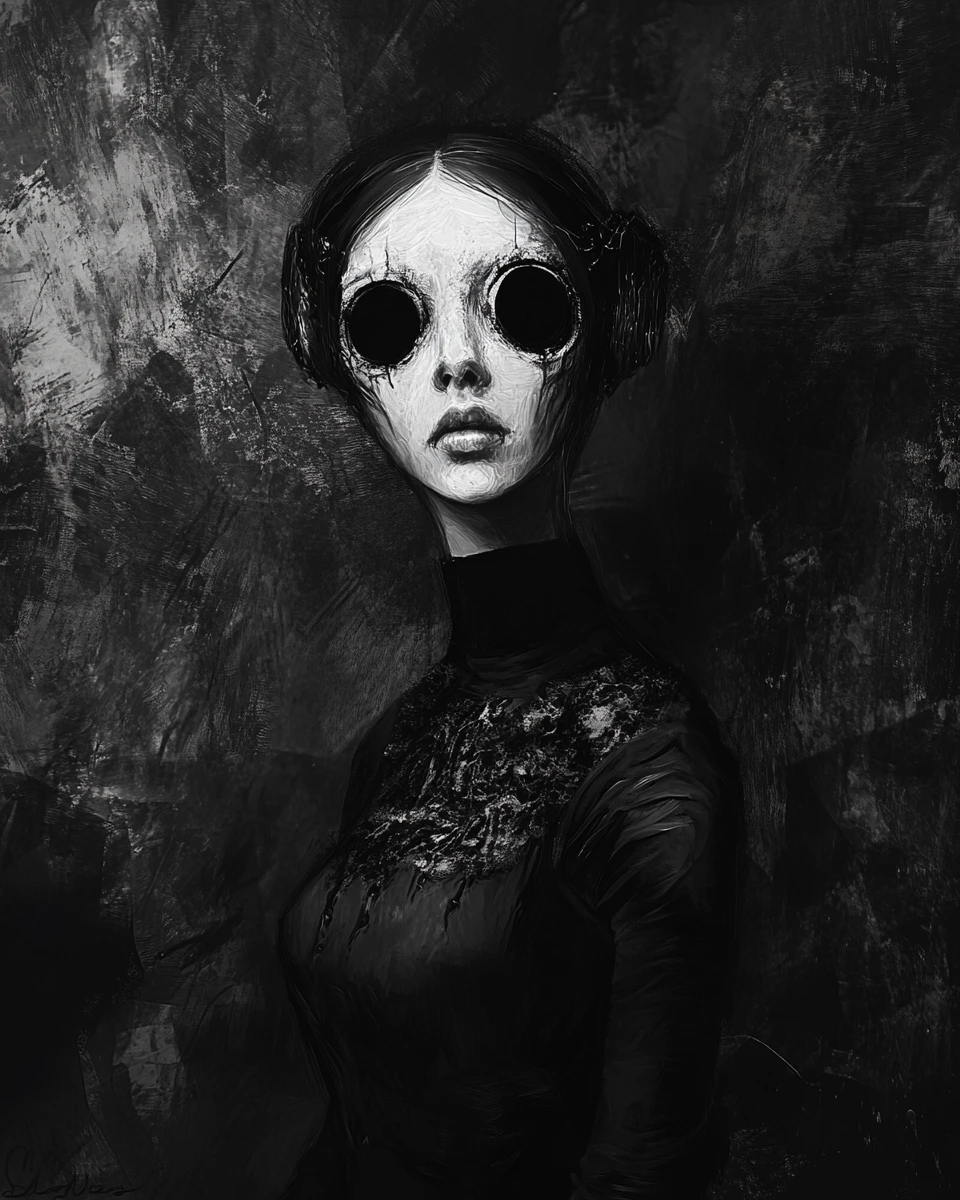 Surrealistisches Porträt einer Frau mit hohlen Augen in der Dunkelheit