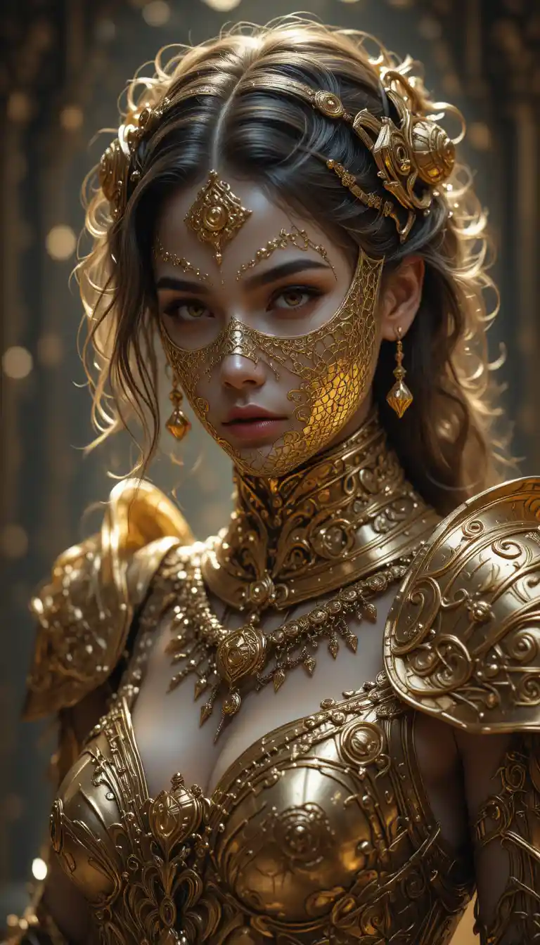 Ritratto di regale donna fantasy in sfarzosa armatura dorata