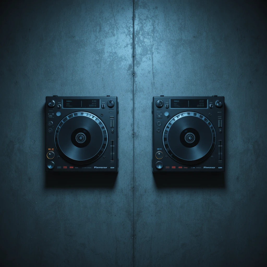 Tocadiscos de techno minimalistas en vista cenital sobre superficie industrial oscura