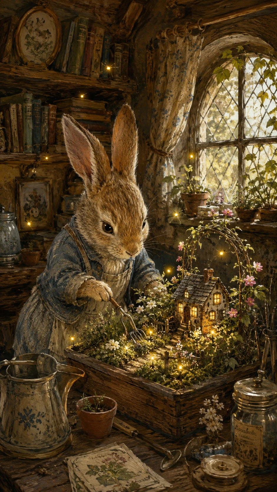 Coelho antropomórfico jardineiro em um quarto aconchegante de chalé