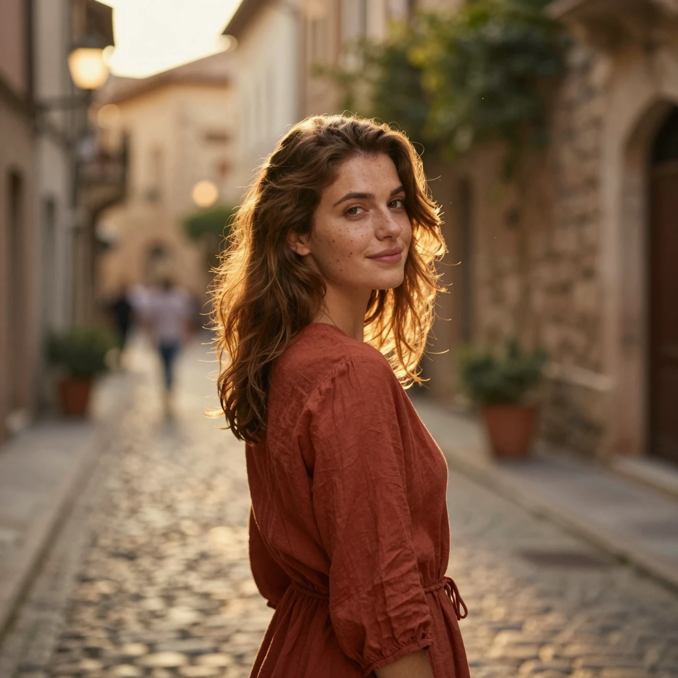 Junge Frau im goldenen Abendlicht in einer Altstadtgasse