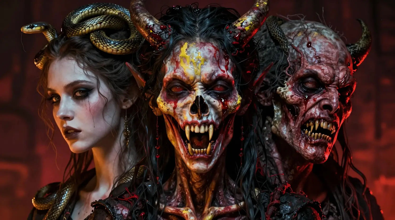 Surreal multi faced female demon in twisted cinematic portrait