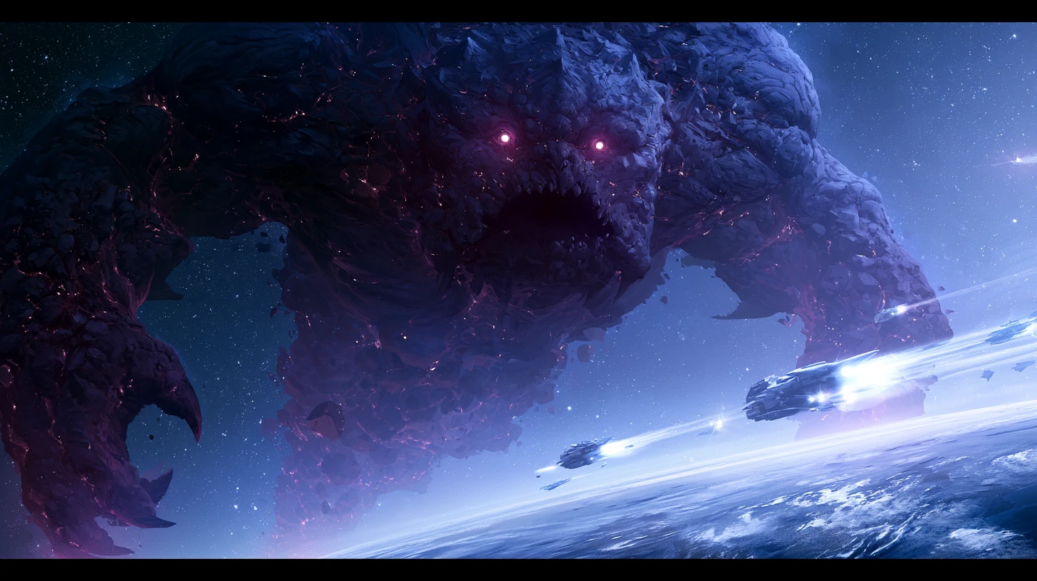 Monstro cósmico pairando sobre o horizonte de um planeta alienígena