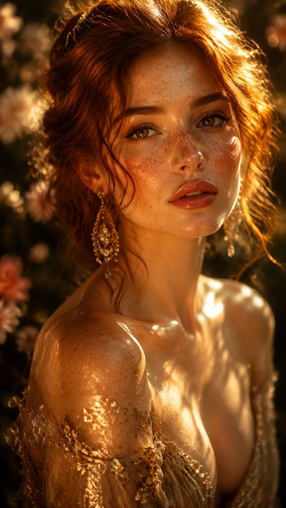 Garota ruiva sardenta na luz dourada e quente do sol