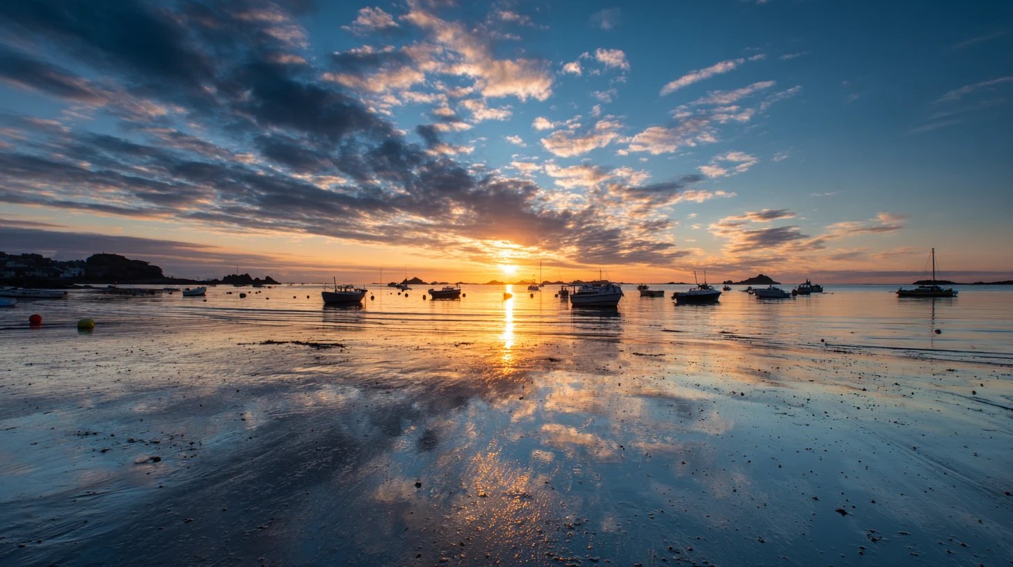 Pôr do sol sereno sobre barcos em uma baía calma e refletiva