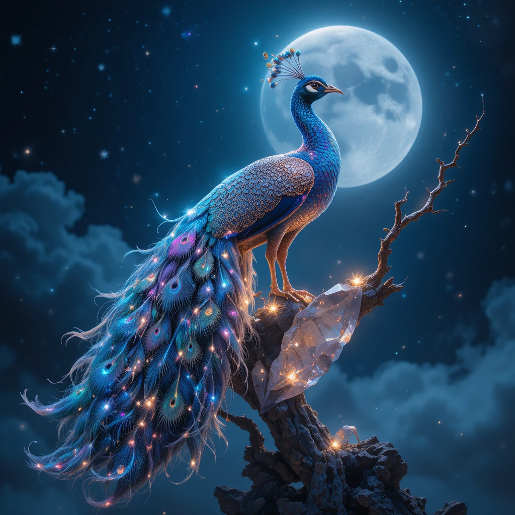 Pavo real celestial sobre rama de cristal brillante bajo cielo estrellado