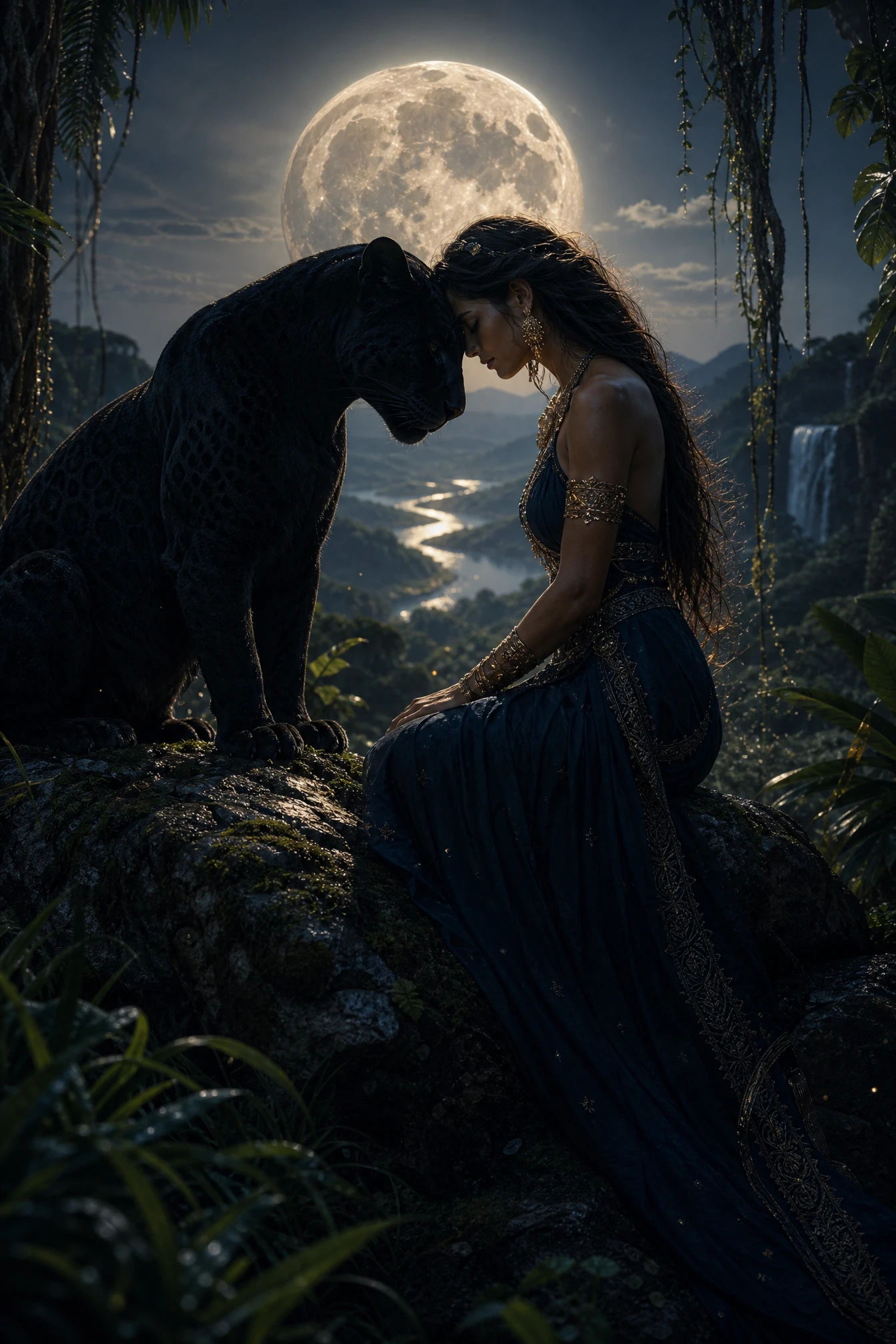 Pantera ao luar e rainha amazona em momento íntimo na selva