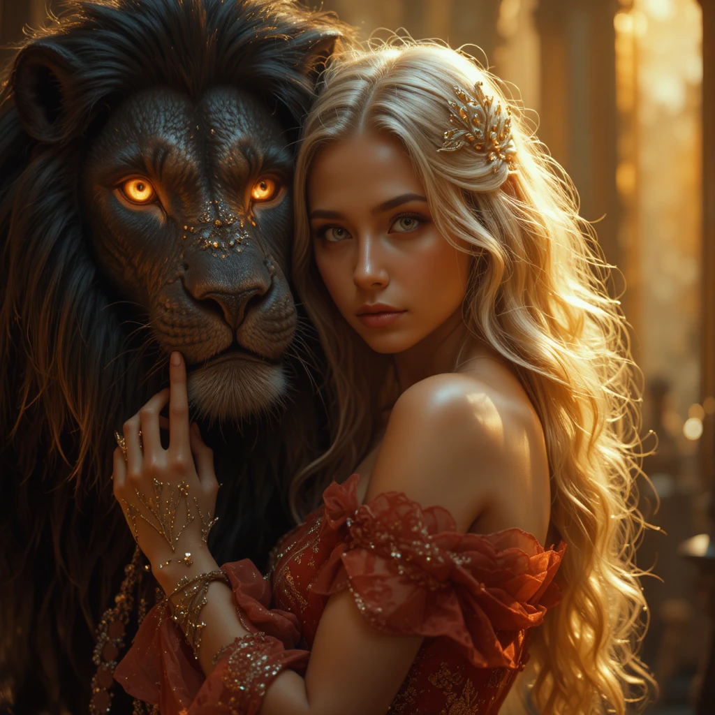 Woman In Red Embracing A Majestic Black Lion
