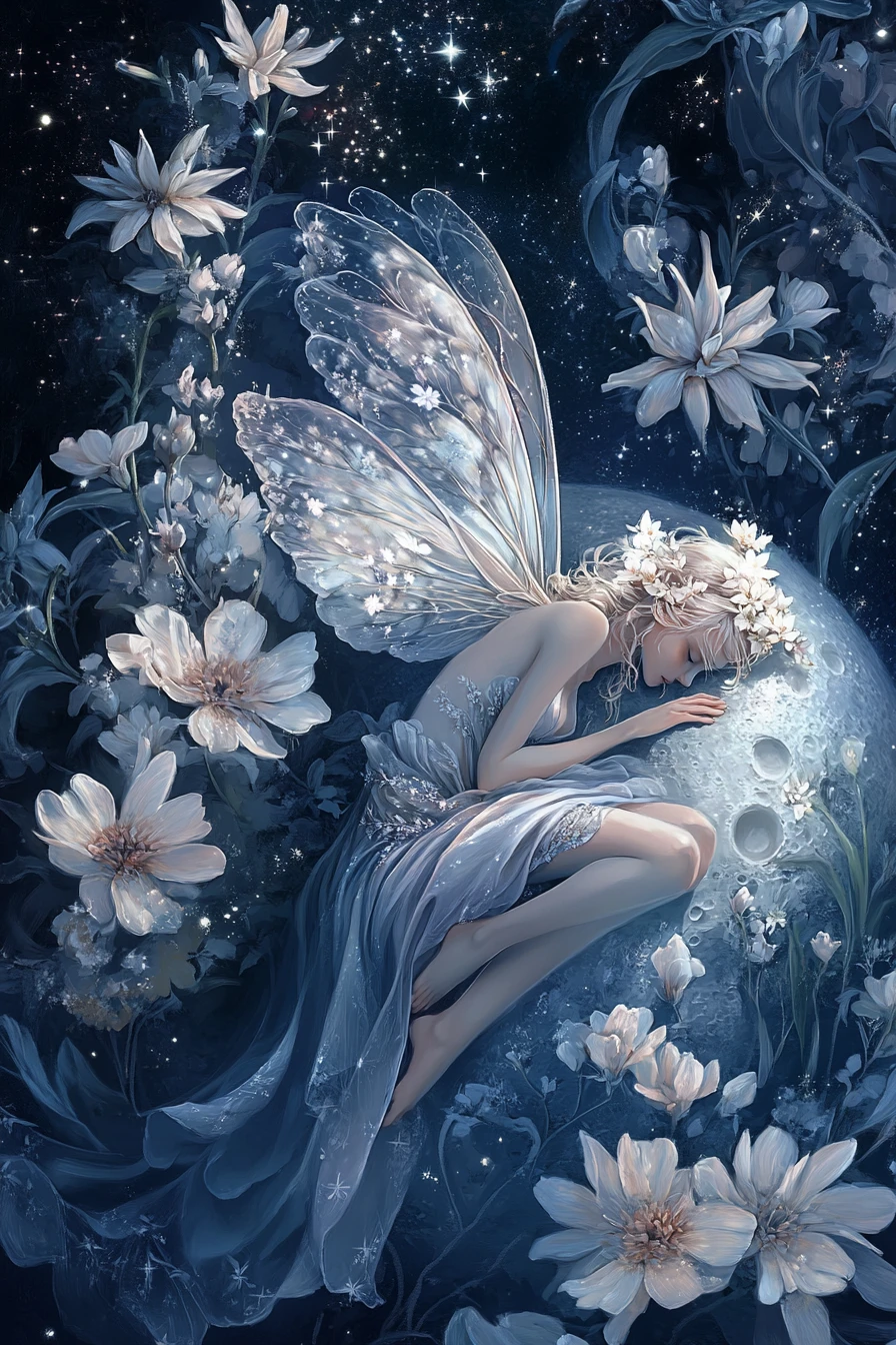 Fata pacifica che riposa sulla luna tra stelle e fiori