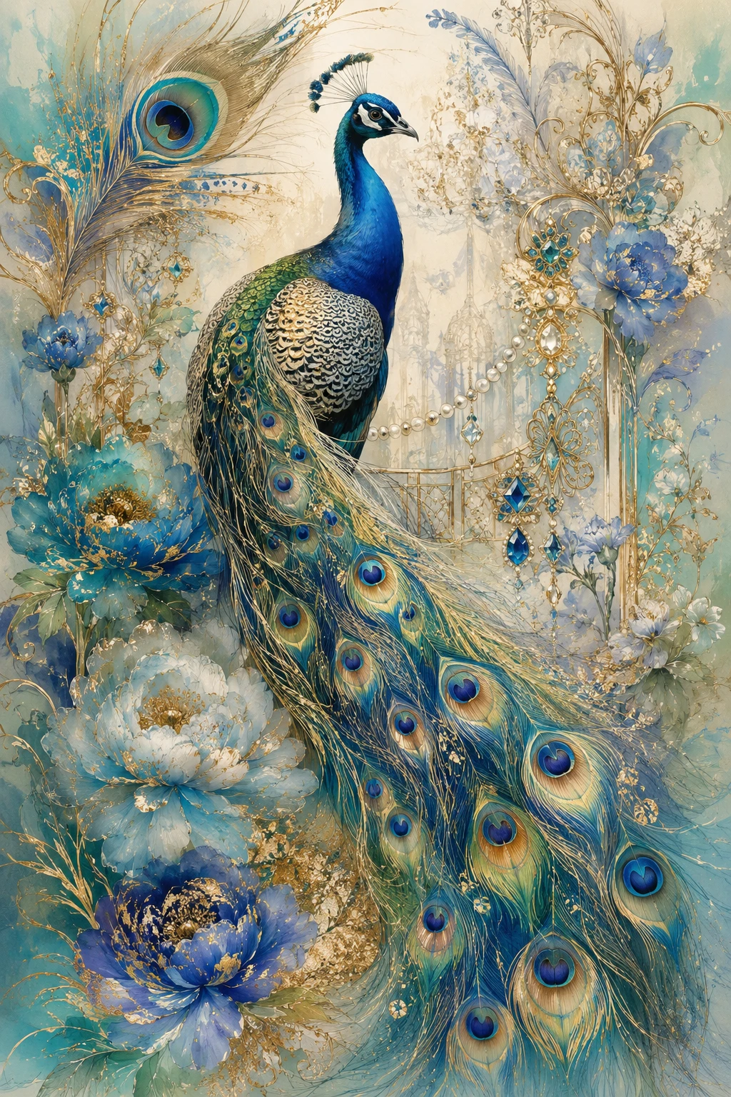 Pavão elegante em corpo inteiro em um jardim floral art nouveau