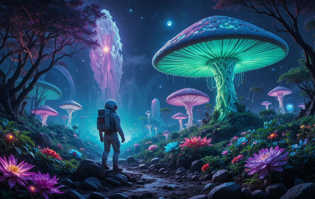宇航員在夜晚探索發光的外星森林