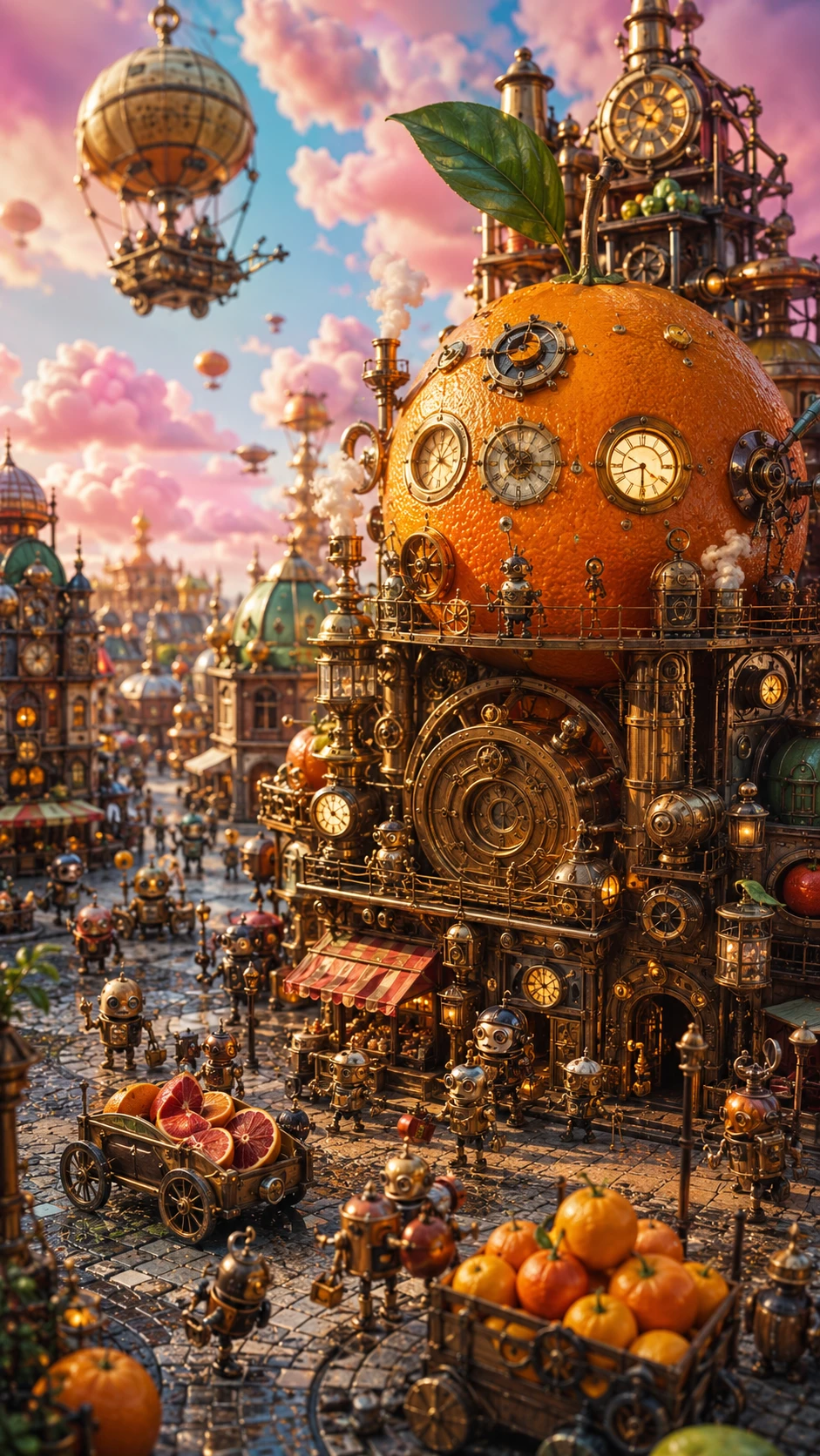 Whimsical Steampunk Village In Vibrant Digital Illustration