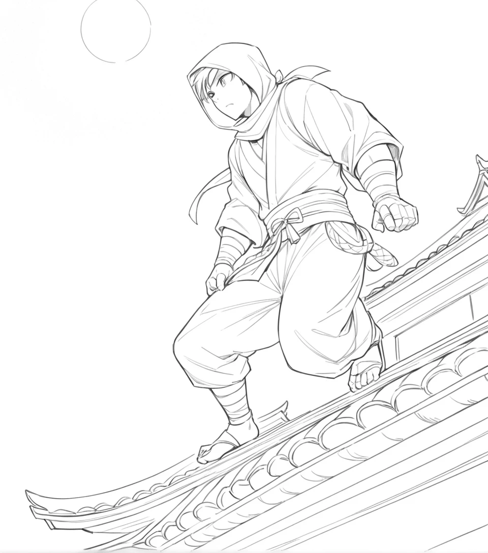 Ninja che scala il tetto di una pagoda in una scena notturna manga monocromatica