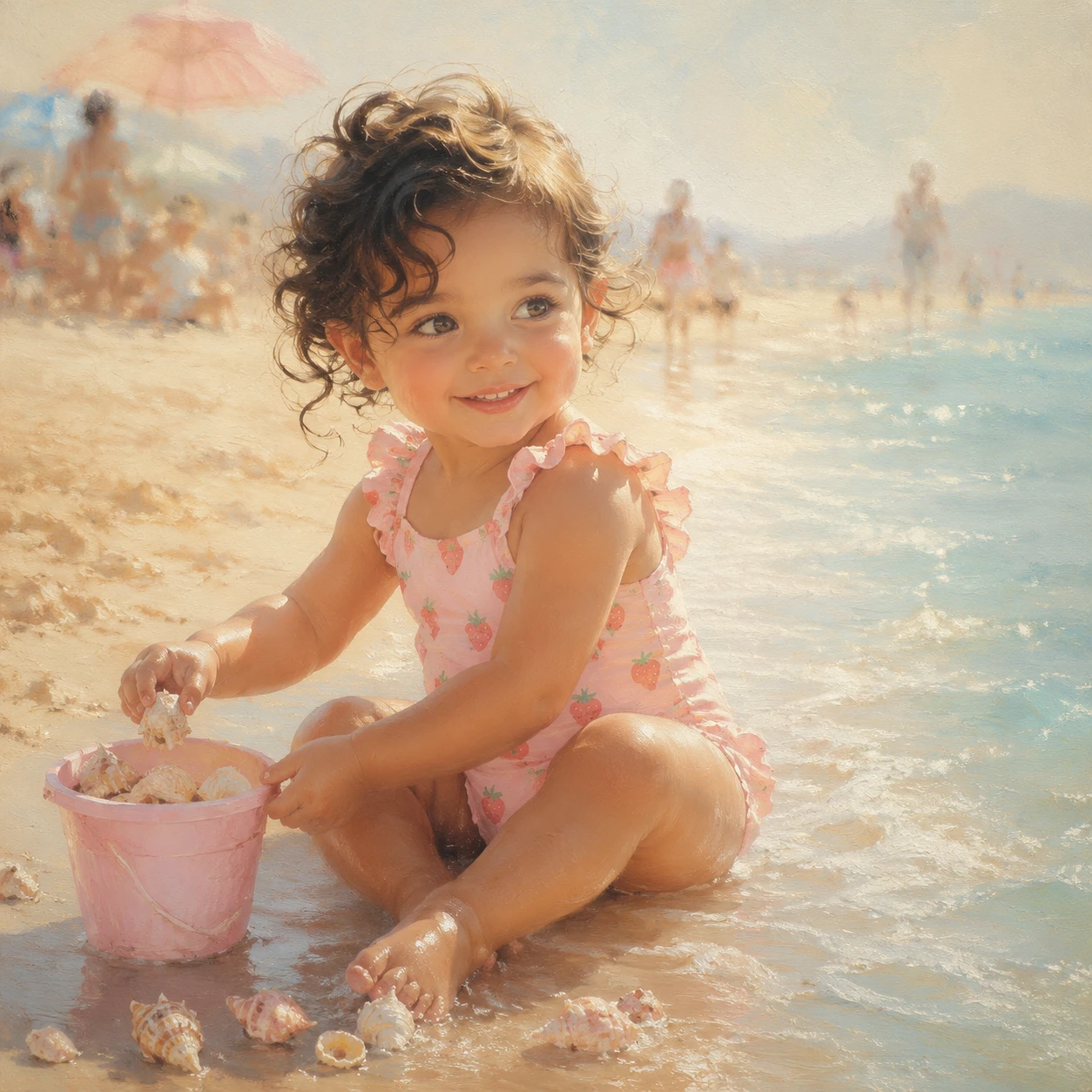 Menininha brincando com conchas na praia ensolarada