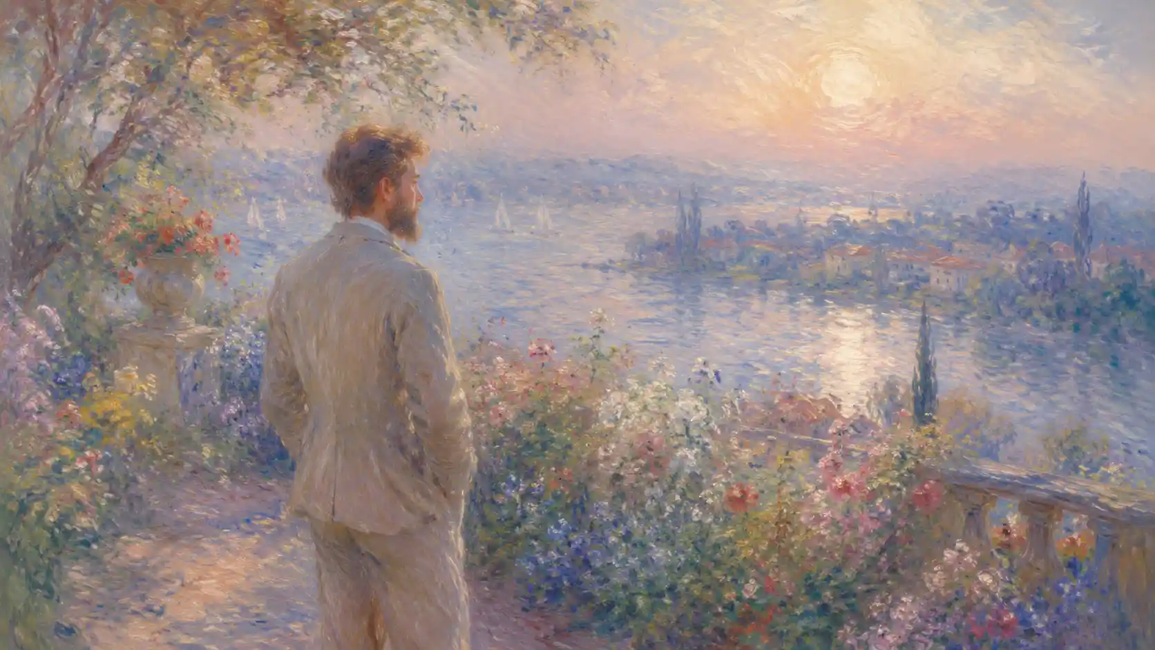 Impressionistisches Porträt eines Mannes in einer verträumten Pastelllandschaft