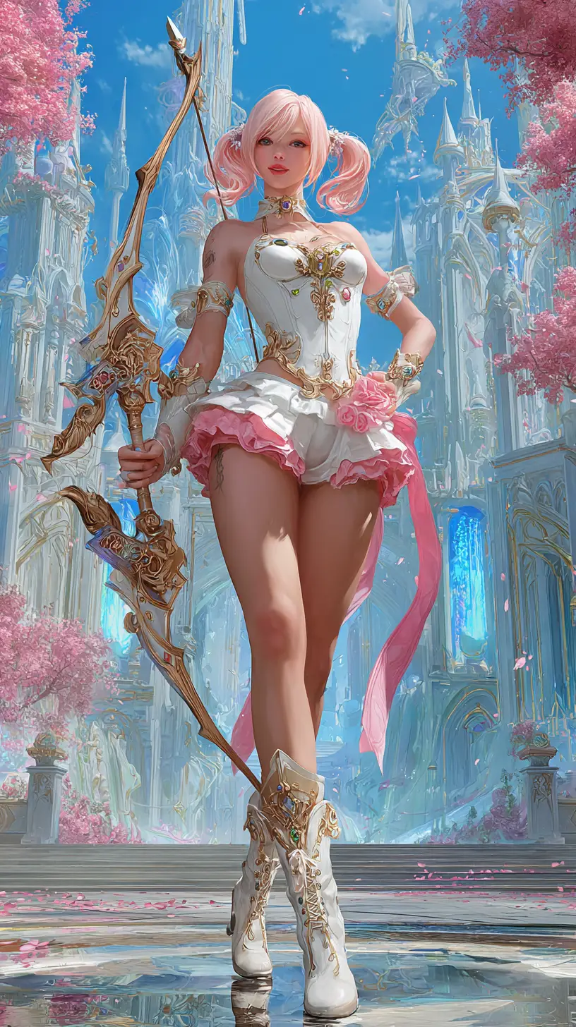 粉紅髮奇幻弓箭少女的英雄低角度姿勢