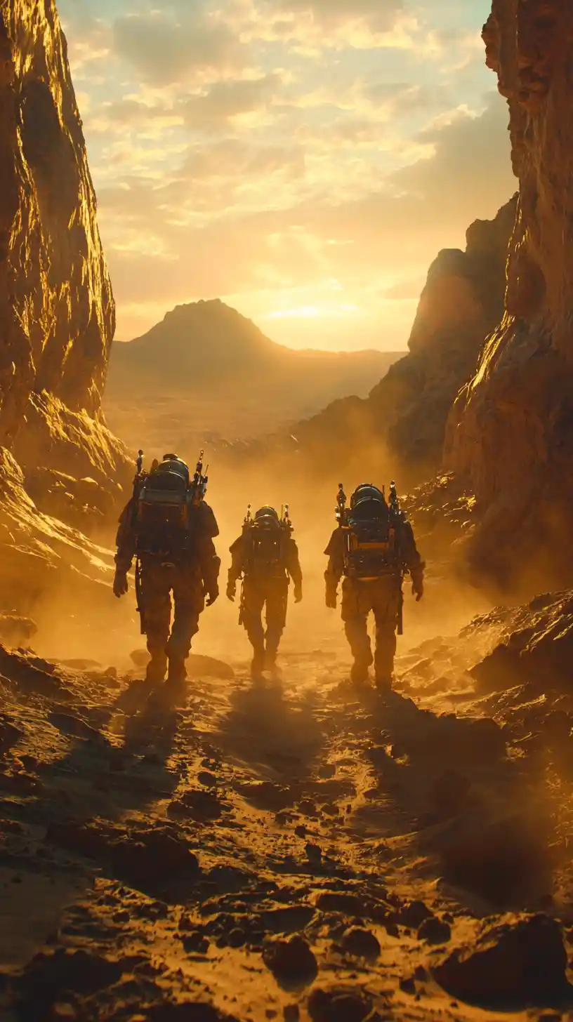 Astronauts Approaching Futuristic Mars Settlement At Sunrise