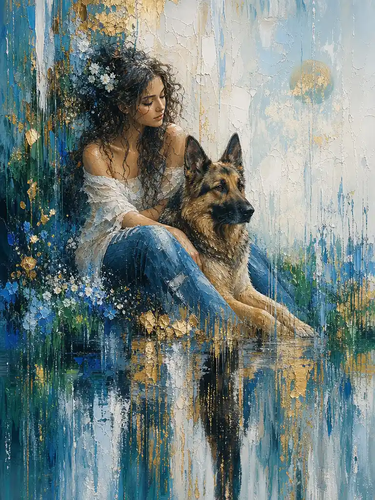 Young woman with german shepherd in abstract dreamscape painting