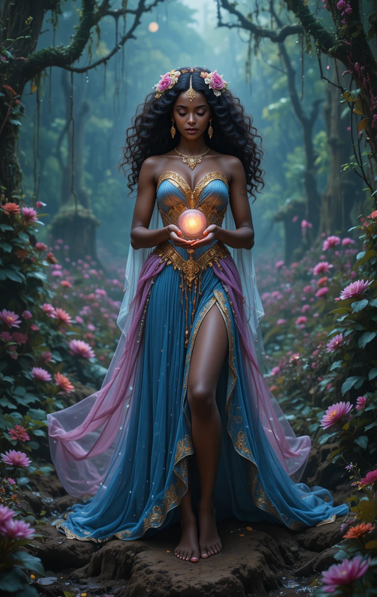 Princesse à la peau foncée tenant un orbe lumineux dans un marais